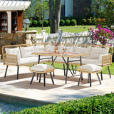 YITAHOME Patio Wicker L-Shaped Furniture Set, All-Weather Rattan Outdoor Conversation Sofa Set for Backyard Deck with Soft Cushions,Ottomans and Plastic Wood Dining Table (Light Brown+Beige) YITAHOME