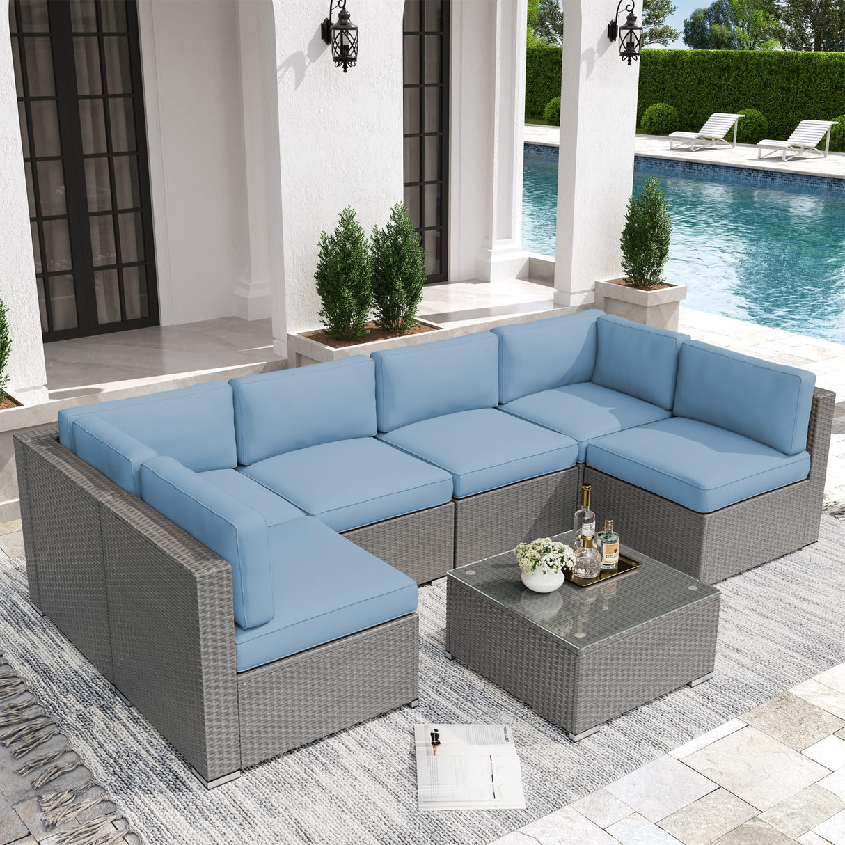 Crownland 7-Pieces Outdoor Patio Furniture Sets, All-Weather Grey Wicker Rattan Sectional Sofa, Modern Glass Coffee Table and Washable Seat Cushion with YKK Zipper (Light Blue) Crownland