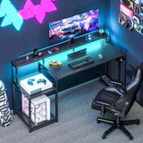 AODK Computer Desk, 56 Inch Gaming Desk with Led Lights & Power Outlet, Office Desk with Printer Storage Shelves, Reversible Desk with Monitor Shelf & Headphone Hook, Carbon Fiber Black AODK