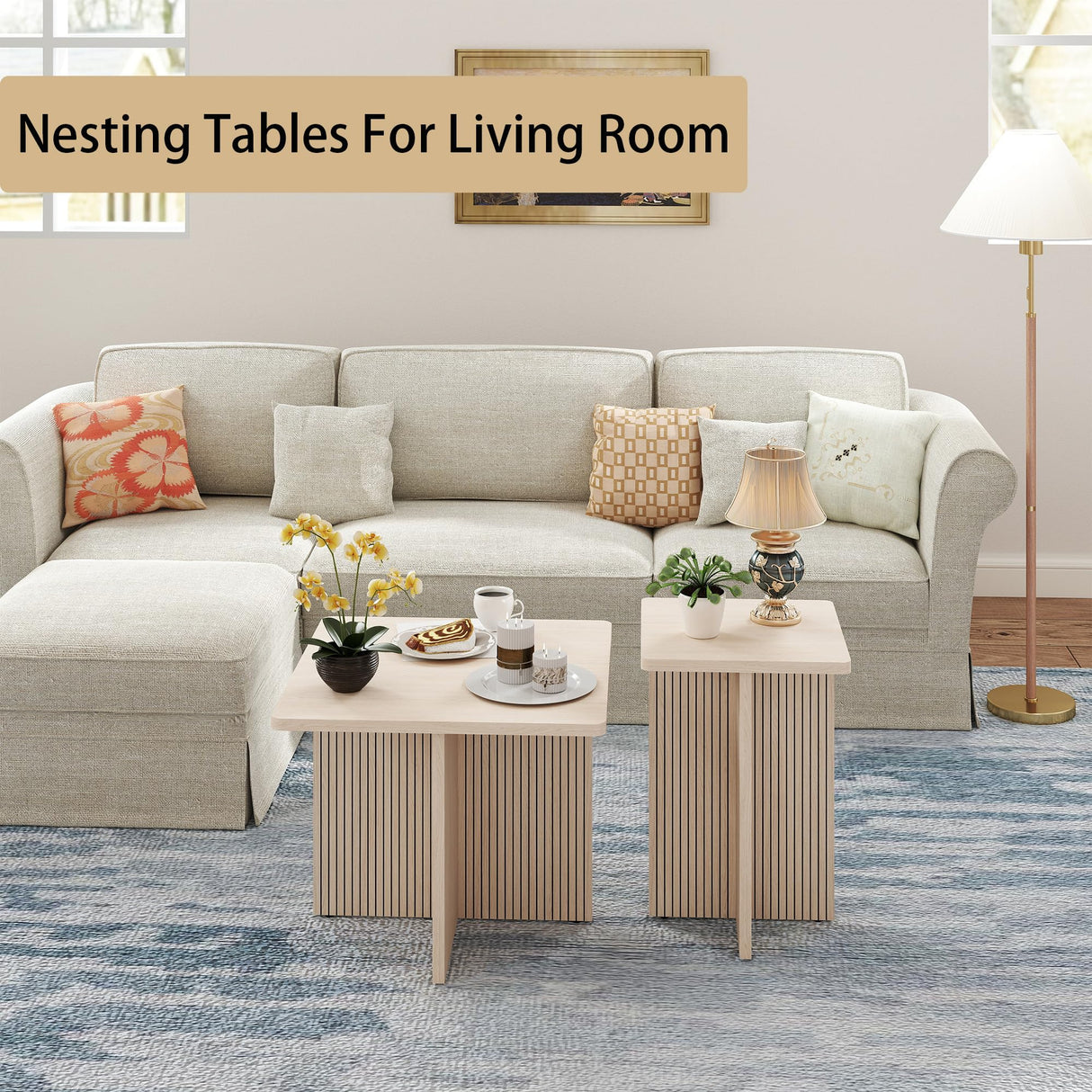 Nesting Wood Grain Color Tables for Living Room: Nesting Coffee Table Set of 2, Modern Wooden Square Center & Side Piece, Fluted Design Small End Stand for Spaces LABROSKIA