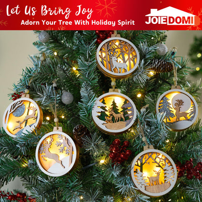 Joiedomi 6 Pcs LED Christmas Hanging Wooden Reindeer Ornaments, Christmas Light Up Ornament for Christmas Tree Decoration, Xmas Lighted Pretty Ornament, Presents, Party Supplies Decorations