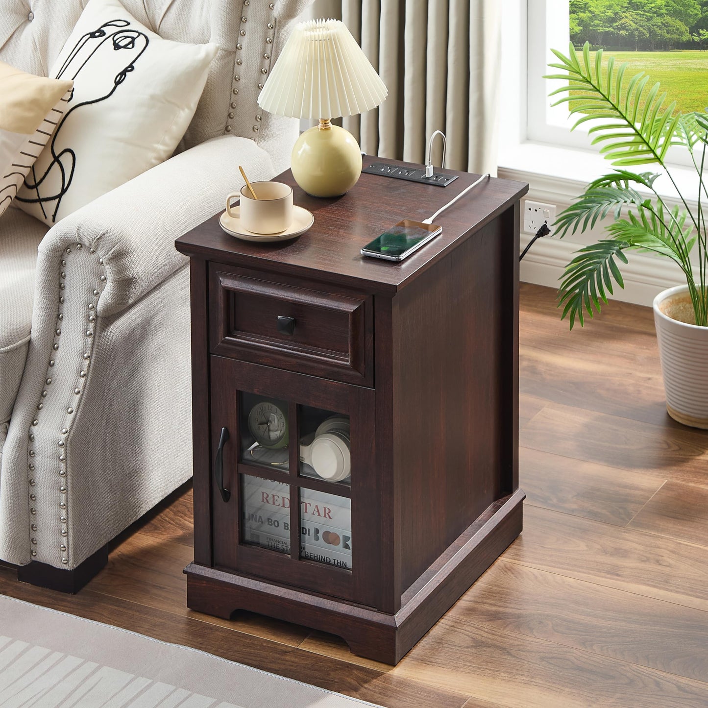 KHLJJU Farmhouse XXL End Table with Charging Station, Side Table with USB Ports and Outlets, Nightstand with Drawer and Glass Door Storage, Cherry Bedside Tables for Living Room, Bedroom, Off - WoodArtSupply