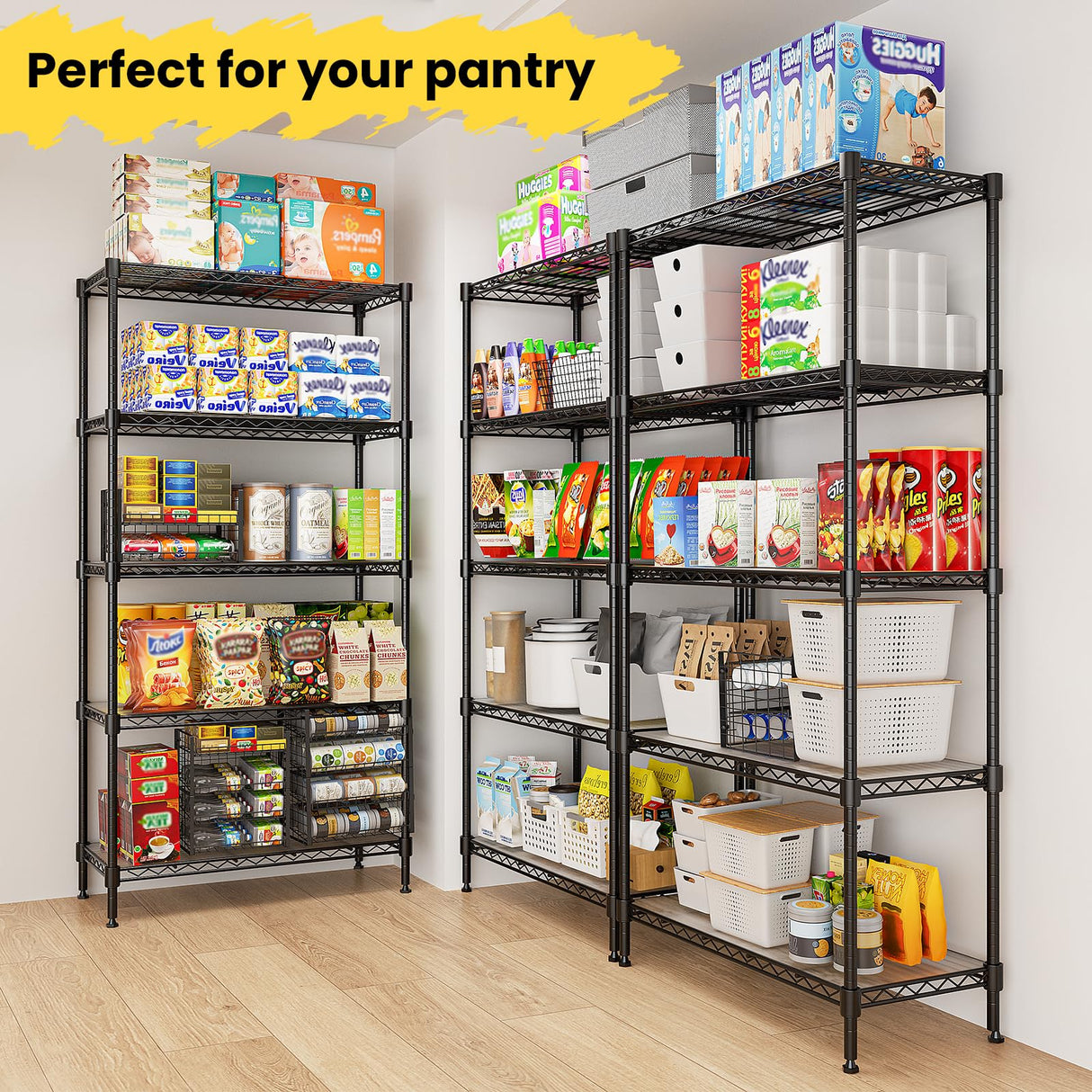 RackBro 72" H Storage Shelves 5 Tier Wire Shelving with Shelf Liners, Adjustable Metal Garage Shelving, 1325LBS Heavy Duty Commercial Storage Rack for Pantry Kitchen, 35" W x 16" D x 72" H, Black RackBro