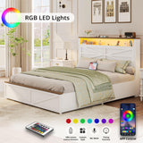 IRONCK Farmhouse Full Size Bed Frame with LED Light and Charging Station, Wood Bed Frame with Storage Headboard and 2 Drawers， Barn Door Design, Sturdy and Noiseless, White IRONCK