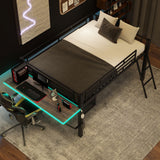 SOFTSEA Metal Loft Bed with LED Light, Desk, and Guardrails - Space-Saving Black Design for Kids SOFTSEA
