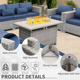 WAROOM Patio Furniture Set 6 Piece Grey Wicker Outdoor Furniture Patio Sectional Sofa Couch PE Rattan Conversation Sets with Fire Pit Table, Blue Cushion WAROOM
