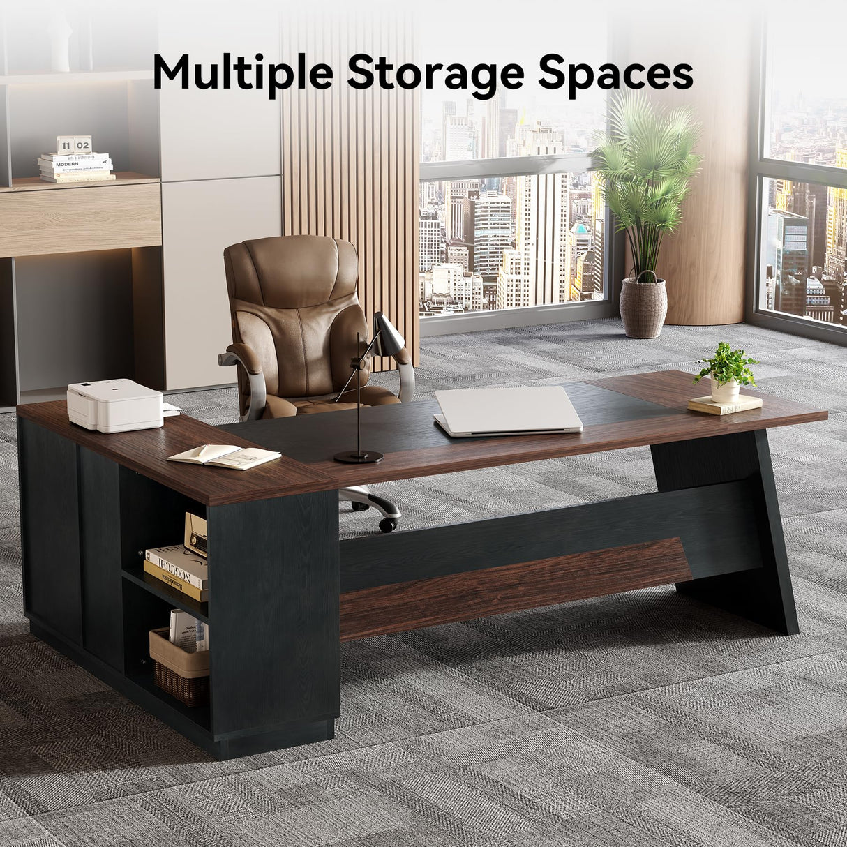 LITTLE TREE 78-Inch Executive Office Desk with File Cabinet, Large Modern Corner Office Desk for Home Office, 3-Drawer Wood File Cabinet, Spacious Workstation for Home Office (Brown & Black) LITTLE TREE