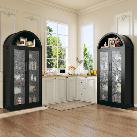 HUAHUU Arched Display Cabinet with Glass Doors, 6-Tier Curio Cabinet with 3 Color Lights for Collectibles, 71" Tall Glass Display Case with Adjustable Shelves, Storage Cabinet for Living Room, Black HUAHUU