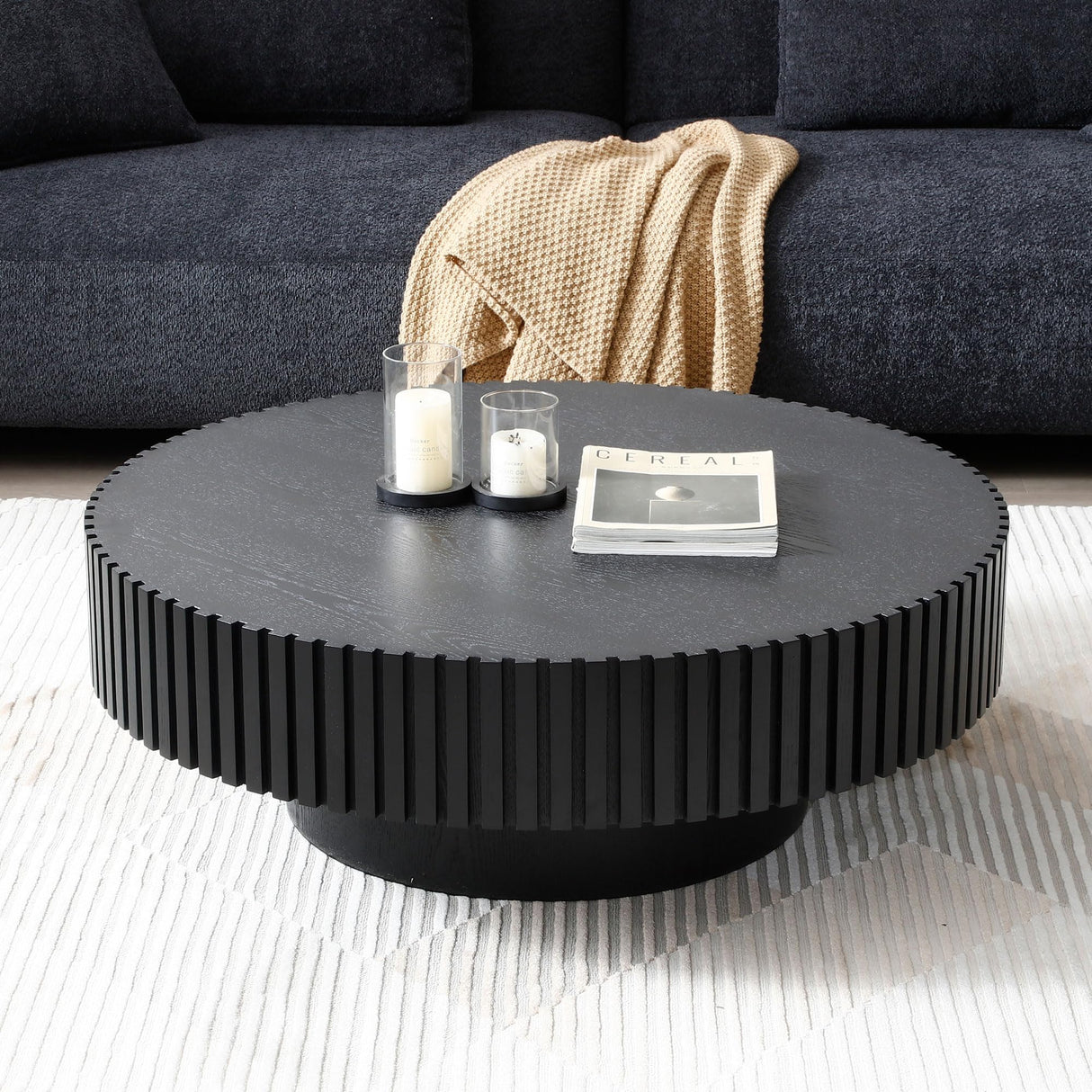31.49" Round Wood Coffee Table, Modern Unique Circle Coffee Table, Contemporary Oak Drum Fluted Coffee Table Accent Side Table Center Table for Living Room, Small Space, Apartment, Black SLEERWAY