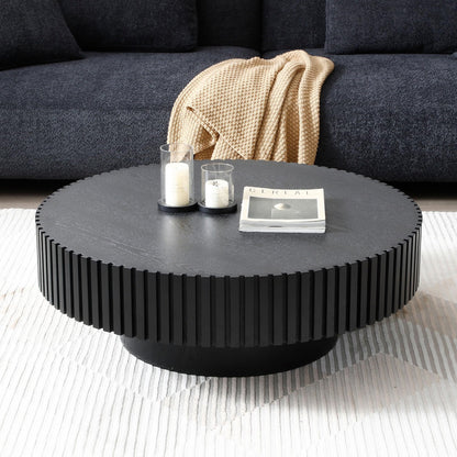 31.49" Round Wood Coffee Table, Modern Unique Circle Coffee Table, Contemporary Oak Drum Fluted Coffee Table Accent Side Table Center Table for Living Room, Small Space, Apartment, Black