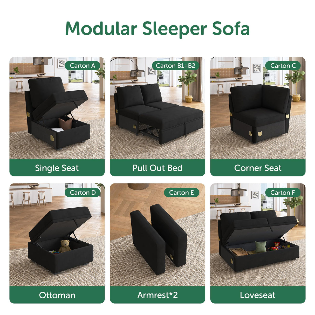 HONBAY Storage Loveseat for Modular Sleeper Sofa with Pull Out Bed, Double Seat with Storage for Couch Bed, Velvet Black HONBAY