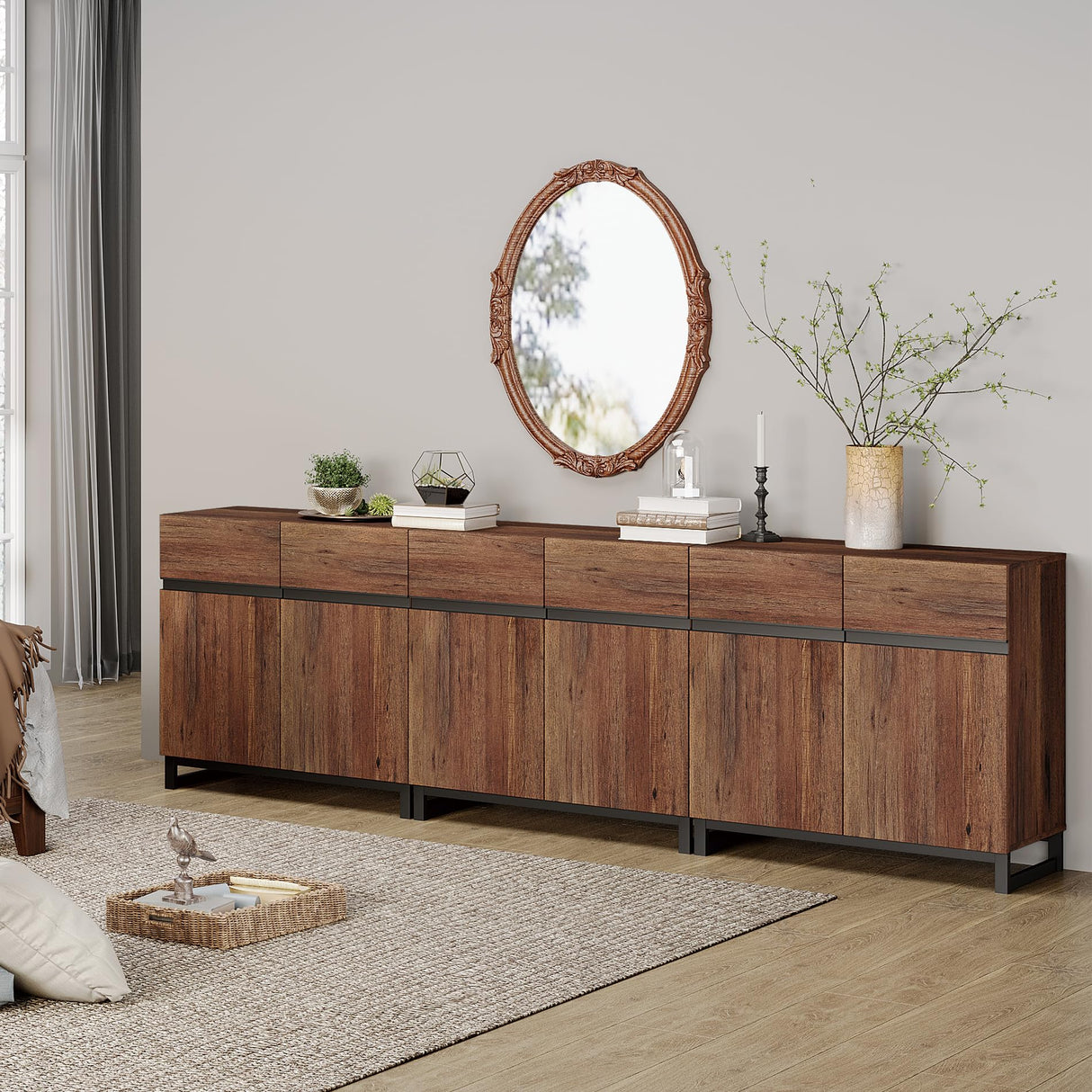 WAMPAT Modern TV Stand for 75-110 Inch TVs, Wooden Entertainment Center TV Console with Metal Base and Adjustable Shelves for Living Room, Bedroom, 94.5 Inch, Brown WAMPAT