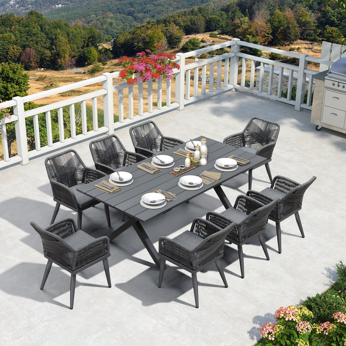 PURPLE LEAF 9 Pieces Outdoor Patio Dining Set All-Weather Aluminum Frame PE Rattan Outdoor Patio Furniture Set Rectangular Table and Chairs Set for 8 People Lawn Garden Backyard Deck, Grey PURPLE LEAF