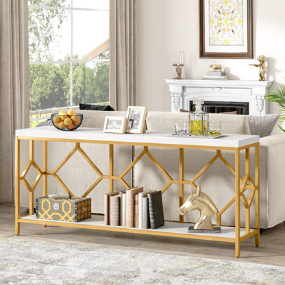 Extra-Long White and Gold Sofa Table with Open Storage Shelf by Tribesigns