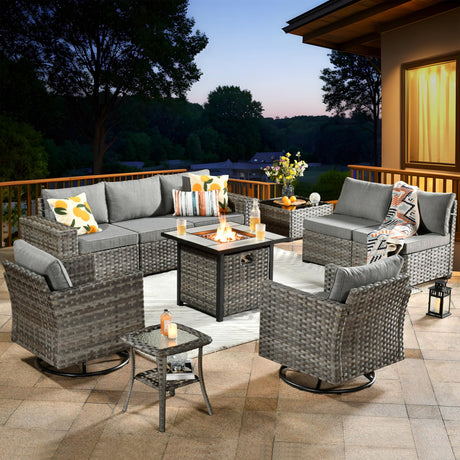 ovios 10 Pieces Patio Furniture Set, Outdoor Sectional Sofa with Swivel Rocking Chairs, Fire Pit Table, Wide Arms and Deep Seat, Modular Wicker Rattan Conversation Set, Dark Grey ovios