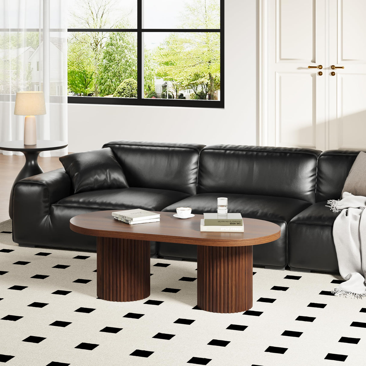 RUSTYER Oval Fluted Coffee Table, Farmhouse Wood Coffee Table Mid Century Modern Center Table Boho Living Room Tables for Living Room Office (Walnut, 19.69" D x 39.38" W x 13.78" H) RUSTYER