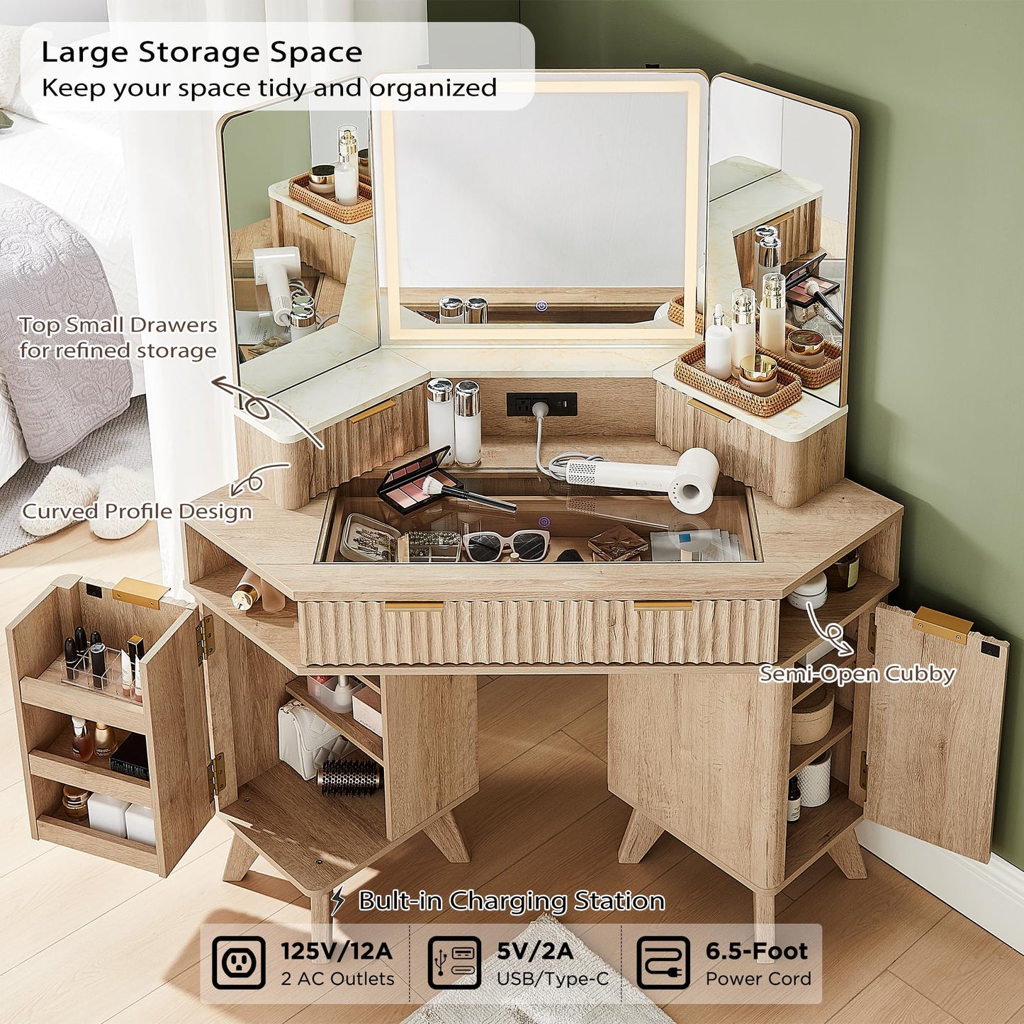 T4TREAM Fluted Makeup Vanity Desk with 3 Way Mirror and Lights, 48" Large Corner Vanity Table with Glass Top, Charging Station, 3 Drawers, Storage Cabinets & Shelves, for Bedroom, Natural Oak