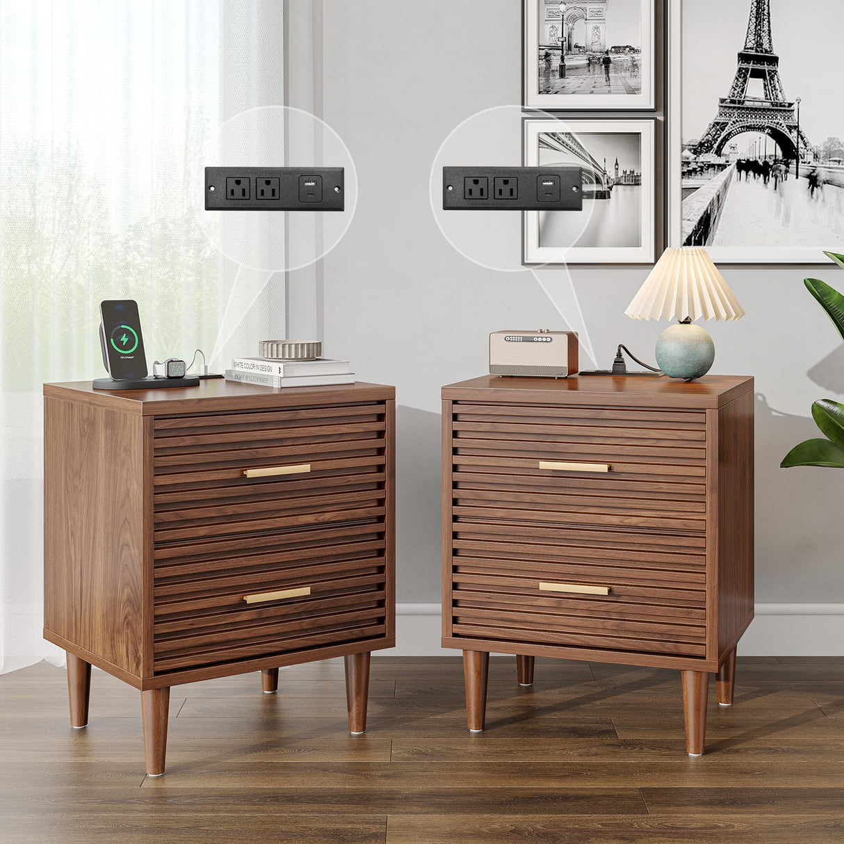 Whalefall Night Stands with Charging Station Set of 2, Mid Century Modern Nightstand, Fluted Bedside Table with Drawer, End Table Bed Side Tables for Bedroom, Accent Tables with Wood Legs, Brown 2pcs Whalefall