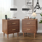 Whalefall Night Stands with Charging Station Set of 2, Mid Century Modern Nightstand, Fluted Bedside Table with Drawer, End Table Bed Side Tables for Bedroom, Accent Tables with Wood Legs, Brown 2pcs Whalefall