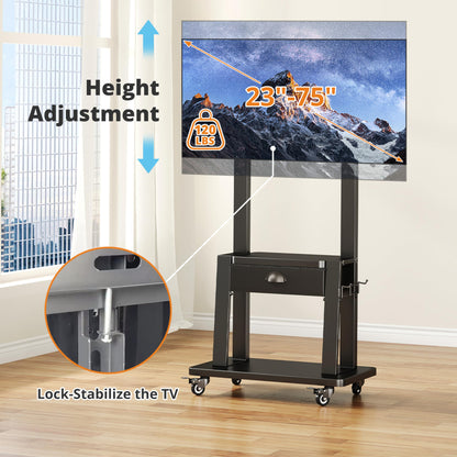 Mobile TV Cart with Drawer,for 23-75 inch Flat/Curved Screen Up to 120lbs,Adjustable Height Rolling TVs Floor Stand with 2 Tiers Shelves,Locking Wheel,for Indoor Outdoor,Max VESA 600x400mm,Black