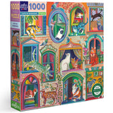 eeBoo Piece & Love: Cats in Window - 1000 Piece Puzzle - Adult Square Jigsaw, 23x23, Includes Image Reference Insert, Glossy Pieces eeBoo