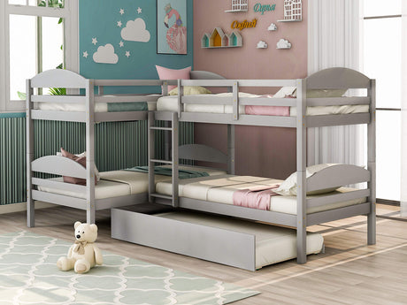 CITYLIGHT Twin-Over-Twin Quad Bunk Beds for 4, L-Shaped Bunk Bed with Trundle, Corner 4 Bunk Beds for Kids, Teens, Gray CITYLIGHT