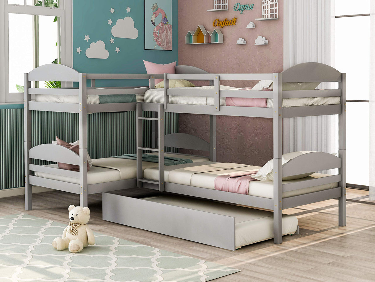 Harper & Bright Designs Quad Bunk Bed with Trundle, L Shaped Bunk Bed for 4 Kids, Wooden Twin Bunk Bed Frame for Kids Teens Adults - Gray Harper & Bright Designs