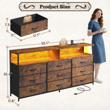 Romorgniz 55" W Dresser for Bedroom with 9 Drawers, LED TV Stand with Power Outlets for 45, 55, 65 Inch TV, Sturdy Long Chest of Drawers with Extra 2 Wooden Shelves, Rustic Brown Romorgniz