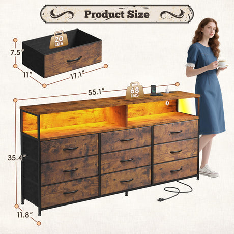 Romorgniz 55" W Dresser for Bedroom with 9 Drawers, LED TV Stand with Power Outlets for 45, 55, 65 Inch TV, Sturdy Long Chest of Drawers with Extra 2 Wooden Shelves, Rustic Brown Romorgniz