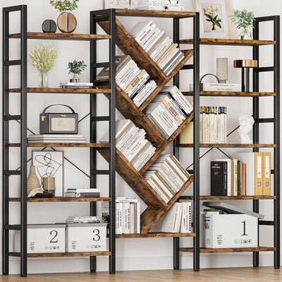 INNOD 70x70" Triple 5 Tier Book Shelf, Large Wooden Bookcase with 17 Open Display Shelf, Modern Tree Bookshelf Metal Frame Tall Book Case Furniture for Living Room Bedroom Home Office Rustic Brown