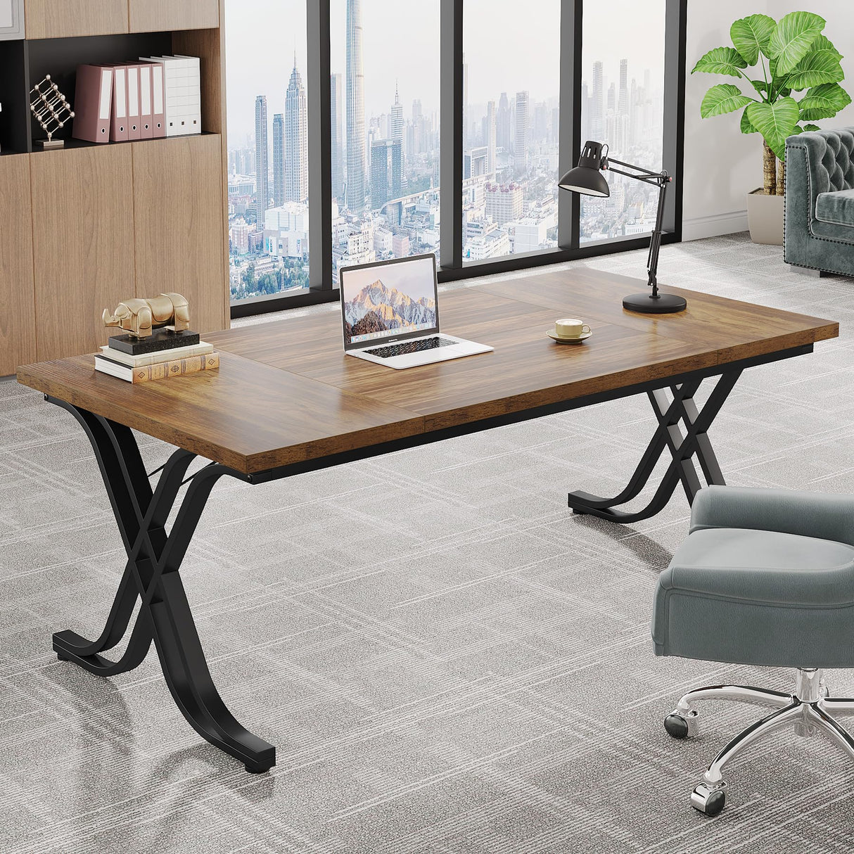 Tribesigns 63 Inch Executive Desk, Large Office Computer Desk with Thick Wooden Tabletop and Metal Frame, Modern Simple Workstation Writing Table Study Desk for Home Office, Rustic Brown Tribesigns