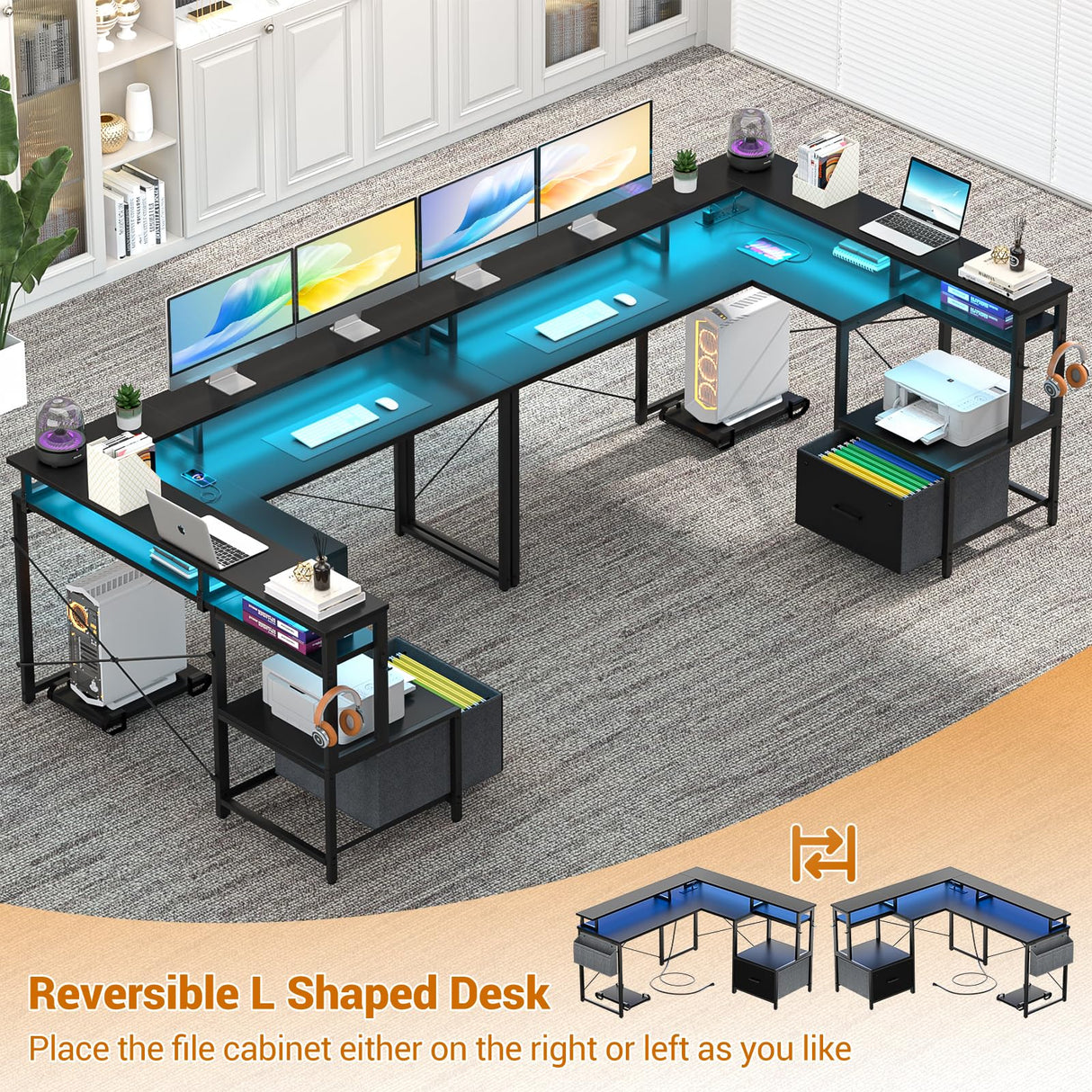 Unikito L Shaped Desk with File Drawer, Reversible L Shaped Computer Desk with Power Outlet & LED Lights, Home Office Desk Corner Desk with Monitor Shelf and Printer Cabinet, Gaming Desk, Black Unikito