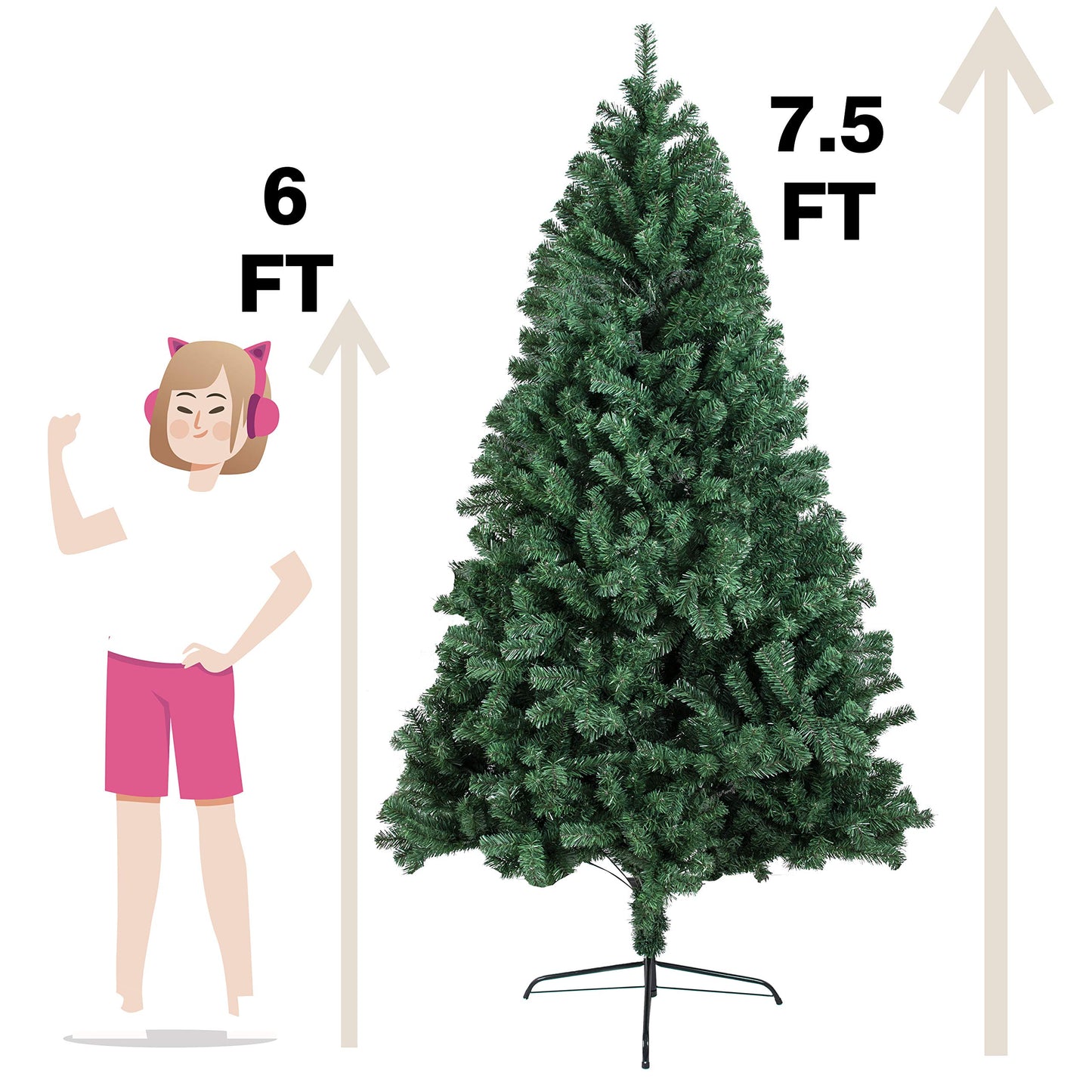 BHD BEAUTY 7.5FT Artificial Christmas Pine Tree with 1800 Tips, Green, PVC Material, Easy Assembly, Sturdy Metal Stand, Perfect for Indoor and Outdoor Decor