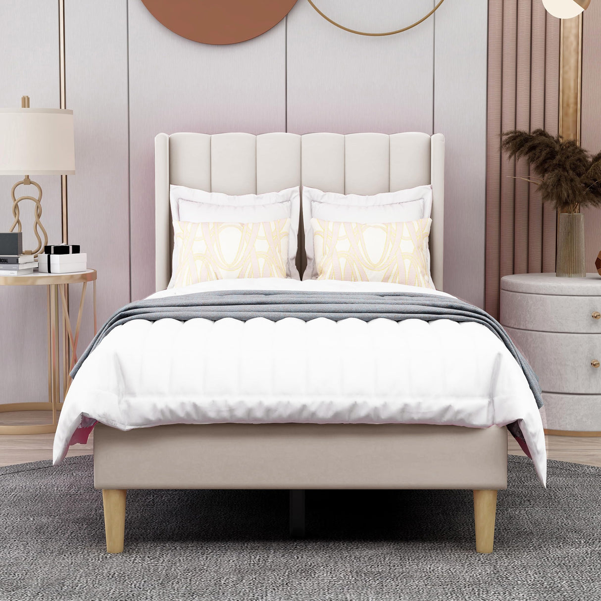 AGARTT Upholstered Platform Bed Frame Twin Size with Headboard and Footboard/Wooden Slats Support/No Box Spring Needed/Easy Assembly,Beige Velvet AGARTT
