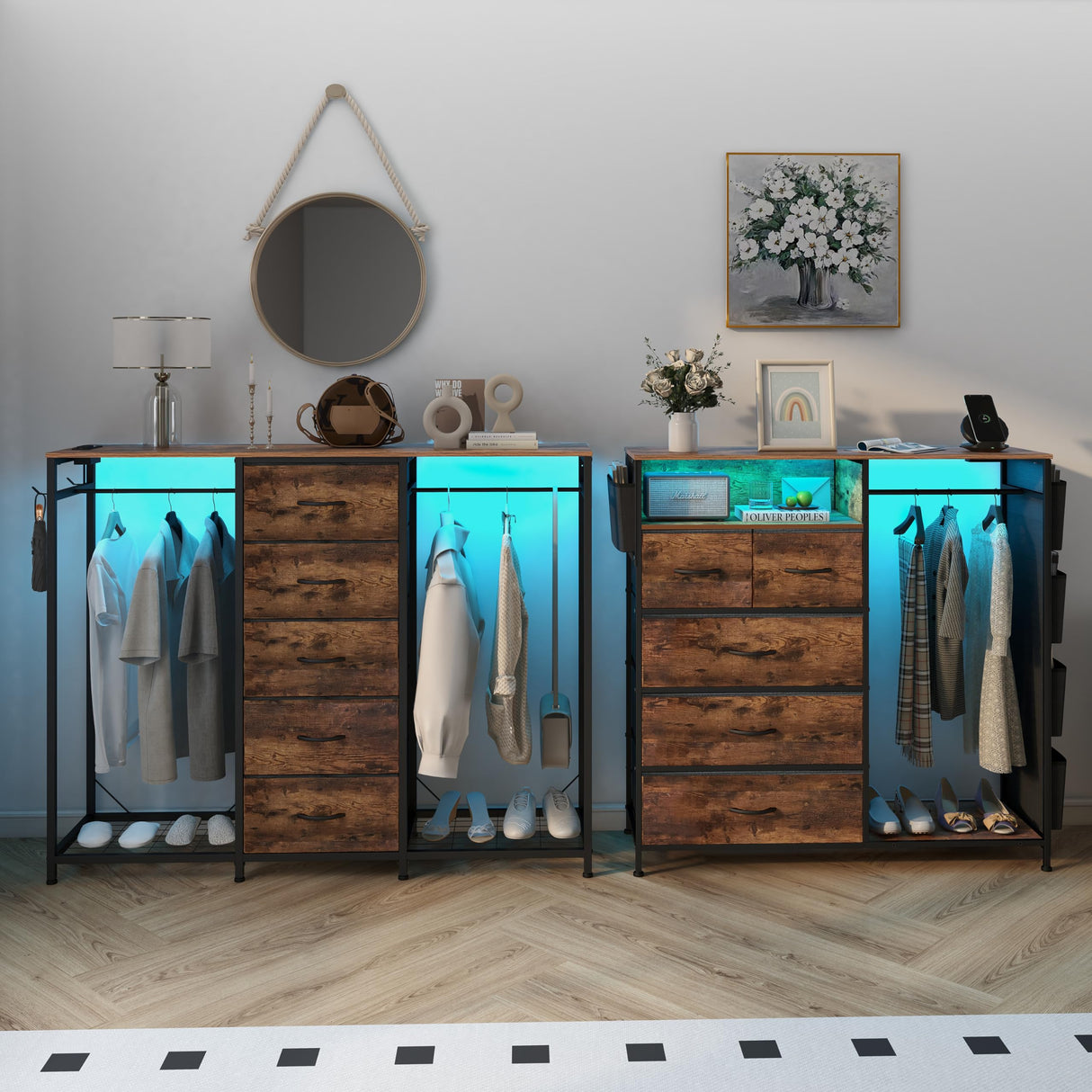 Espelism Dresser for Bedroom with Clothes Rack 5 Drawer Dresser with Charging Station LED Lights White Chest of Drawers Flexible Shelf and Open Storage Space for Bedroom Living Room (Brown) Espelism