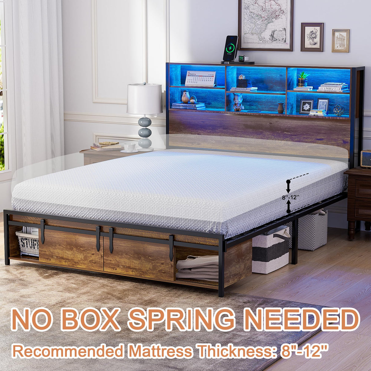 Farmhouse Full Size Bed Frame with Bookcase Headboard, Sliding Barn Door Storage, LED Lights, and Charging Station Alohappy