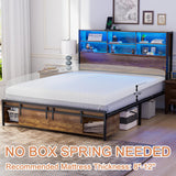 Farmhouse Full Size Bed Frame with Bookcase Headboard, Sliding Barn Door Storage, LED Lights, and Charging Station Alohappy