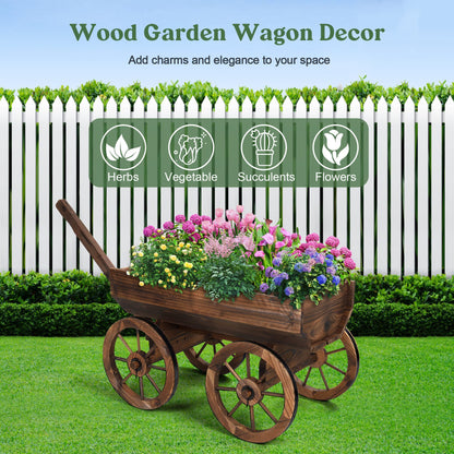 OIPRTGFJ Wood Wagon Planter for Outdoor Balcony Decor - Garden Rustic Wooden Flower Cart with Wheels for Outside Garden Decor Wheelbarrow Planter for Patio - WoodArtSupply