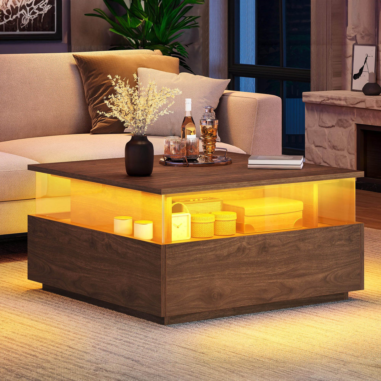 YITAHOME LED Coffee Tables for Living Room, Modern Square Coffee Table with Storage 2 Drawers, Acrylic Glass Coffee Table Farmhouse Wood Center Table, Brown YITAHOME