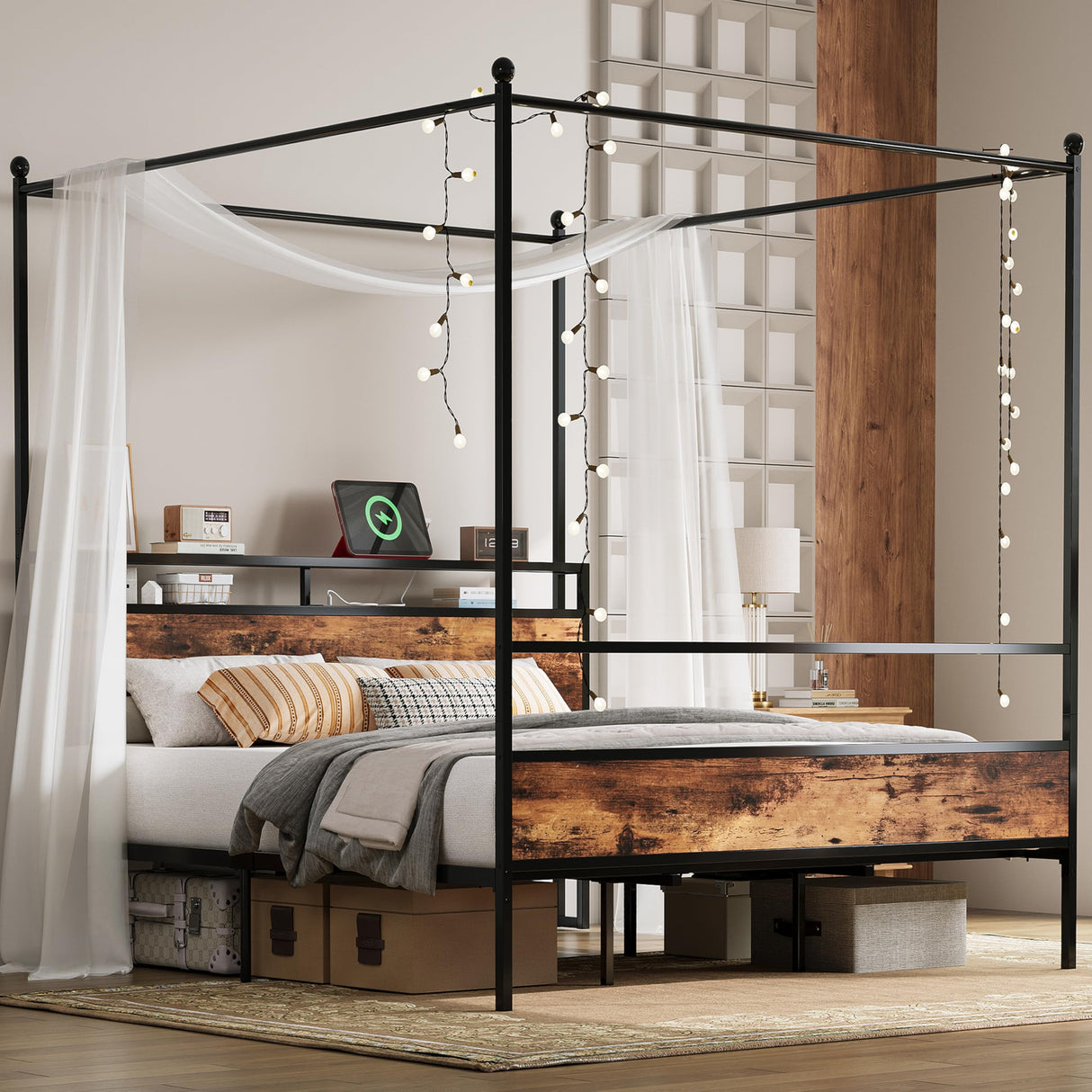 LIKIMIO Canopy Bed Frame King with Storage Headboard & Charging Station, Sturdy Metal Platform Bed with 4 Removable Posts, Dual Purpose Bed Frame, No Box Spring Needed, Noise Free LIKIMIO