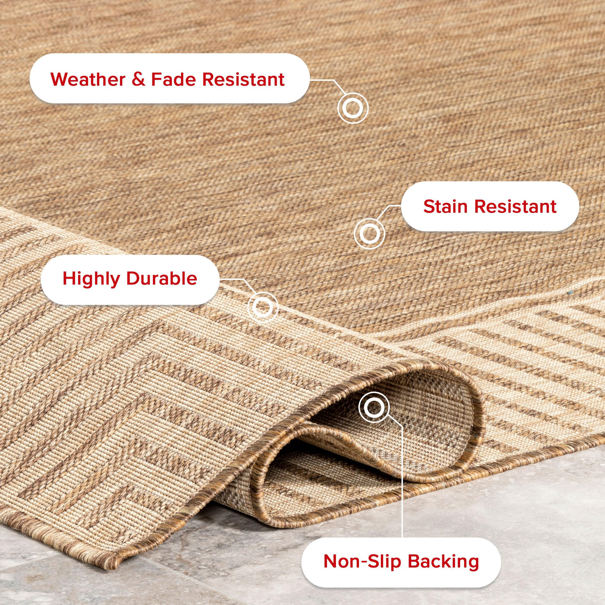 nuLOOM 4' x 6' Outdoor Area Rug, Casual Design With Striped Border, Stain Resistant, Highly Durable, For Patio, Balcony, Bedroom, Living Room, Dining Room, Bathroom, Light Brown nuLOOM
