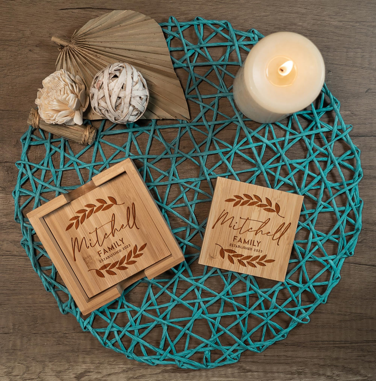 Tayfus Personalized Bamboo Coasters, Set of 4 Square Custom Coaster with Holder, Customized Gift Ideas For Christmas, Anniversary, Housewarming, Birthday, Engagement, Wedding Tayfus