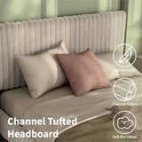 Evadne Modern Canopy Bed Frame Queen Size in Light Brown with Upholstered Channel Headboard and Wooden Slats Support HOMES: Inside + Out