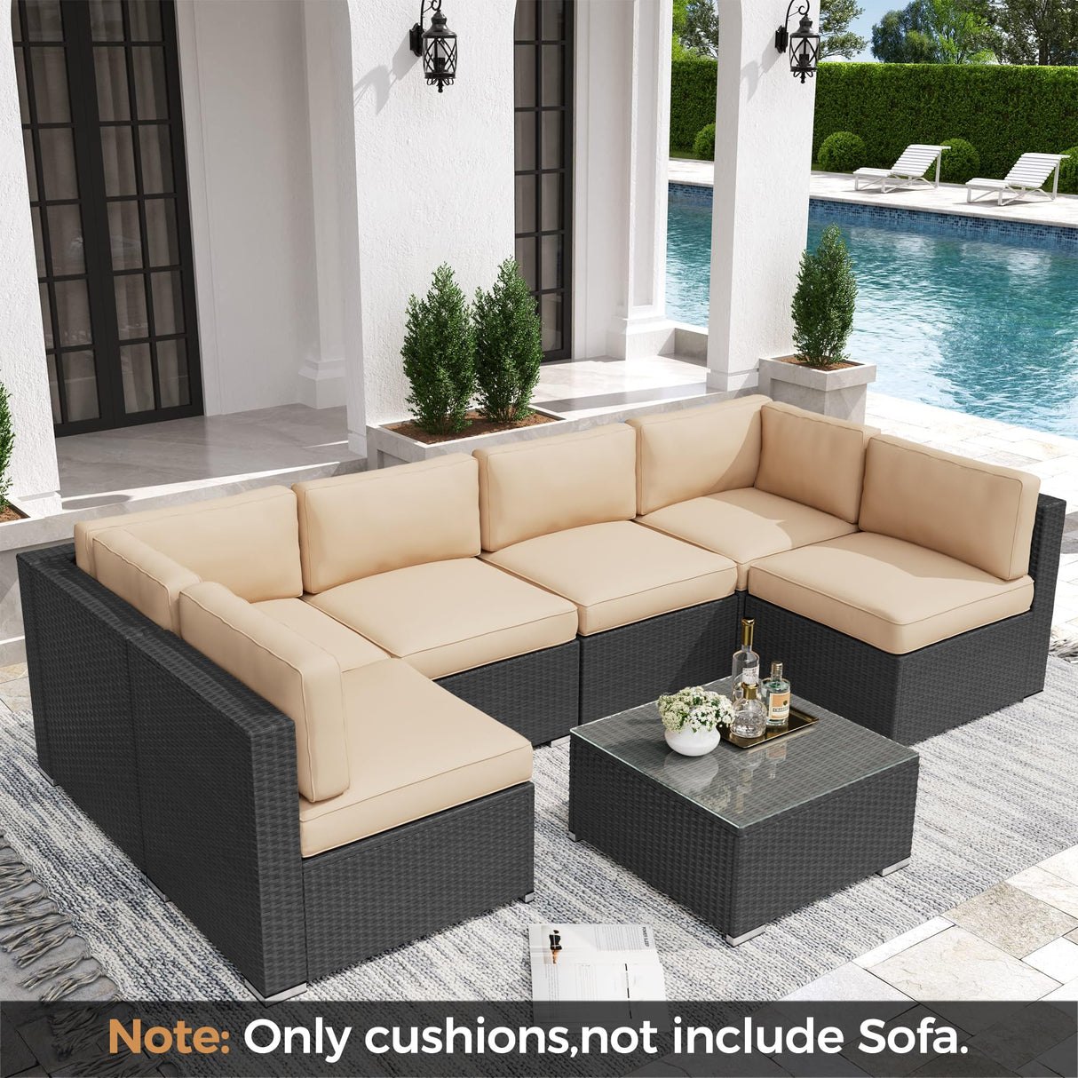 Oakmont Outdoor Replacement Cushions for Patio Furniture,Water-Resistant Cushion for Patio Conversation Set,14-Piece Cushions for 6-seat Outdoor Sectional Sofa(Light Brown) Oakcloud