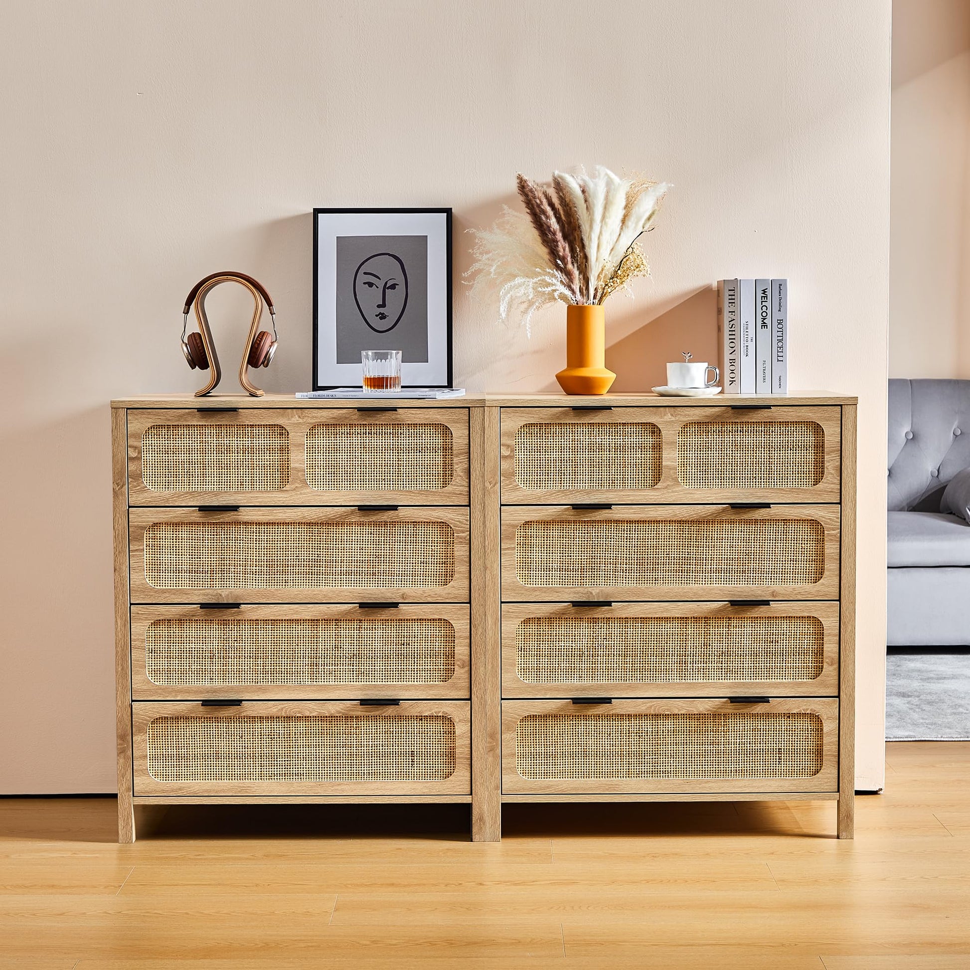 LEVNARY 4 Drawer Dresser for Bedroom, Rattan Dresser Drawers Storage Cane Cabinet, Wooden Chest of Drawers for Bedroom, Entryway, Living Room (1, Natural) - WoodArtSupply