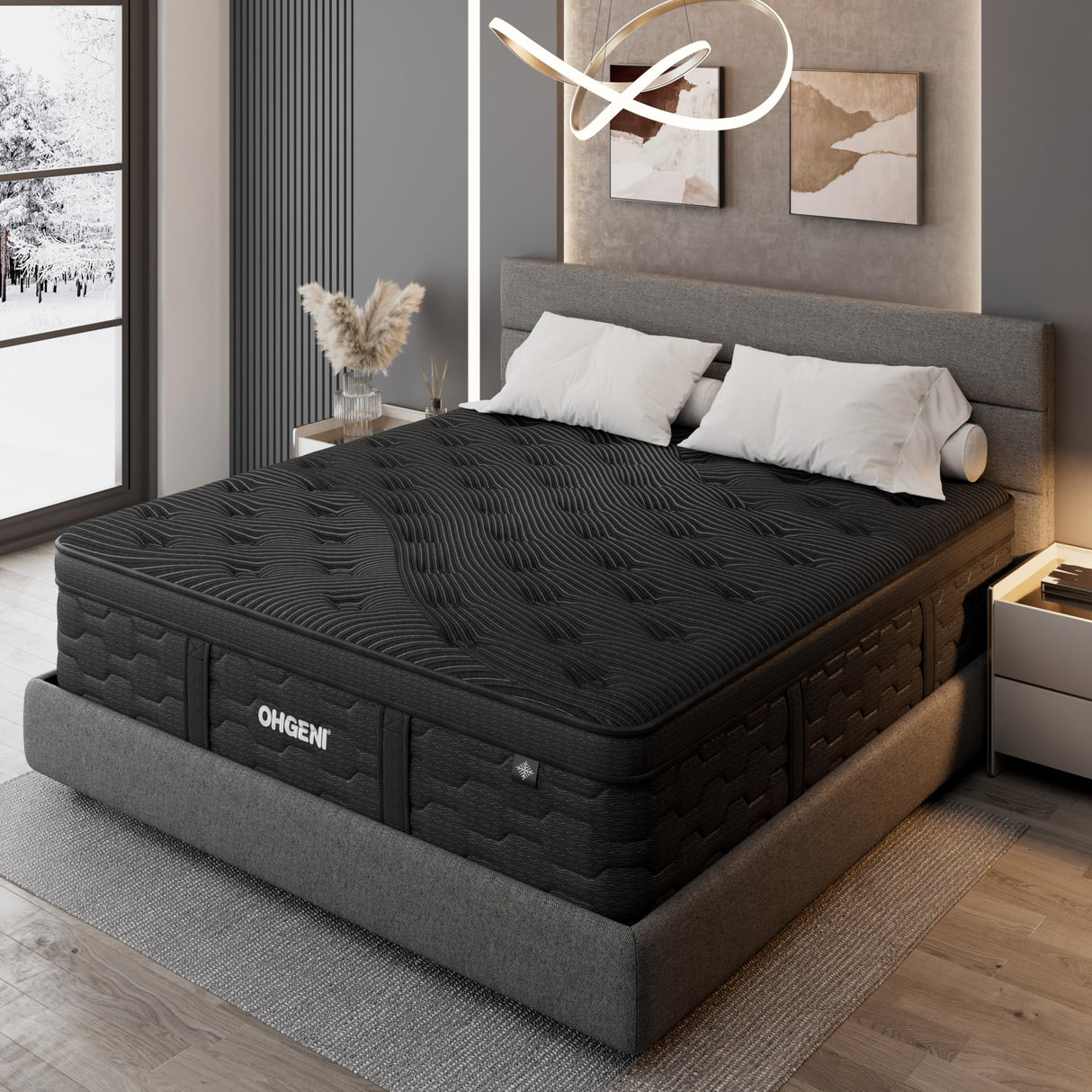 OhGeni 14 Inch Cooling Queen Size Mattress, Hybrid Gel-infused Memory Foam Bed Mattresses in a Box, Medium Feel Cool Top Fabric,Individual Pocket Spring, 3-Zone design & Reinforced Edge Support, Black OhGeni