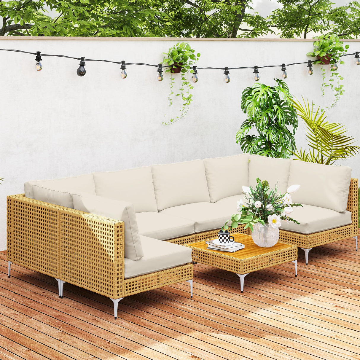 Outsunny 7 Piece Wicker Patio Furniture Set, Modular Outdoor Sectional with Thickened Cushions, Rattan Outdoor Furniture Conversation Set with Slatted Acacia Wood Table for Backyard, Khaki/Beige Outsunny
