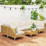 Outsunny 7 Piece Wicker Patio Furniture Set, Modular Outdoor Sectional with Thickened Cushions, Rattan Outdoor Furniture Conversation Set with Slatted Acacia Wood Table for Backyard, Khaki/Beige Outsunny