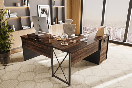 Bestier Lift Top L Shaped Desk with File Drawer, 55'' x 55'' Office Desk with Reversible Storage Drawers, L Shaped Standing Desk with Computer Monitor Stand (Walnut, 55'' x 55'') Bestier