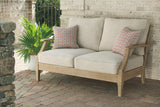 Signature Design by Ashley Clare View Coastal Outdoor Patio Eucalyptus Loveseat with Cushions, Beige Signature Design by Ashley